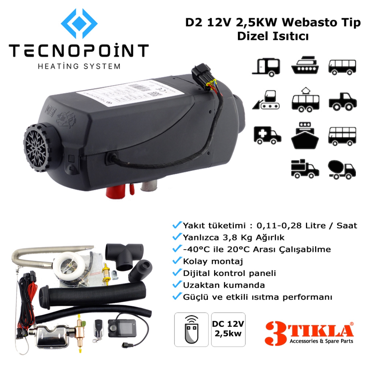 Tecnopoint TC18-01 Webasto Tip D2 Model Dizel Isıtıcı 12V 2,5KW Karavan, Minibüs, Tekne, Panelvan Uyumlu