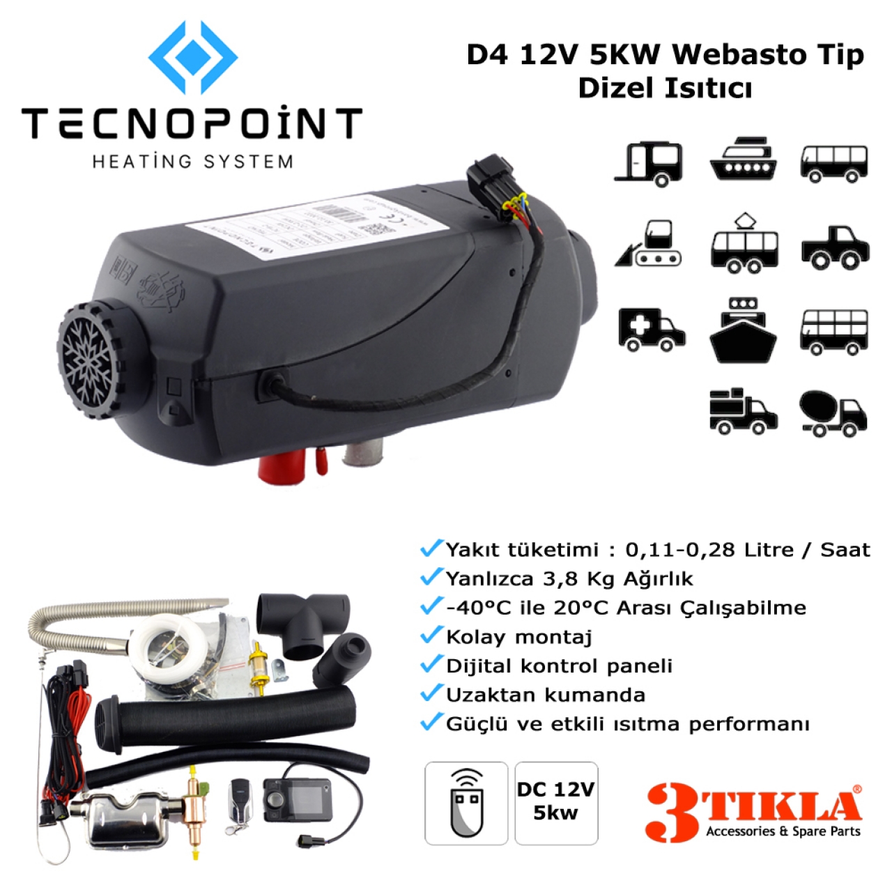 Tecnopoint TC18-03 Webasto Tip D4 Model Dizel Isıtıcı 12V 5KW  Tekne, Karavan, Minibüs Uyumlu