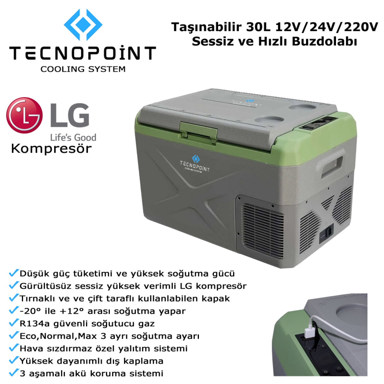 Tecnopoint 30 Litre Taşınabilir Araç Buzdolabı 12V/24V/220V Uyumlu