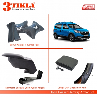 Dacia Dokker Stepway Siyah Armor Set Delmesiz Kolçak+ Boyun Yastık+ Kemer Pedi + Direksiyon Kılıfı